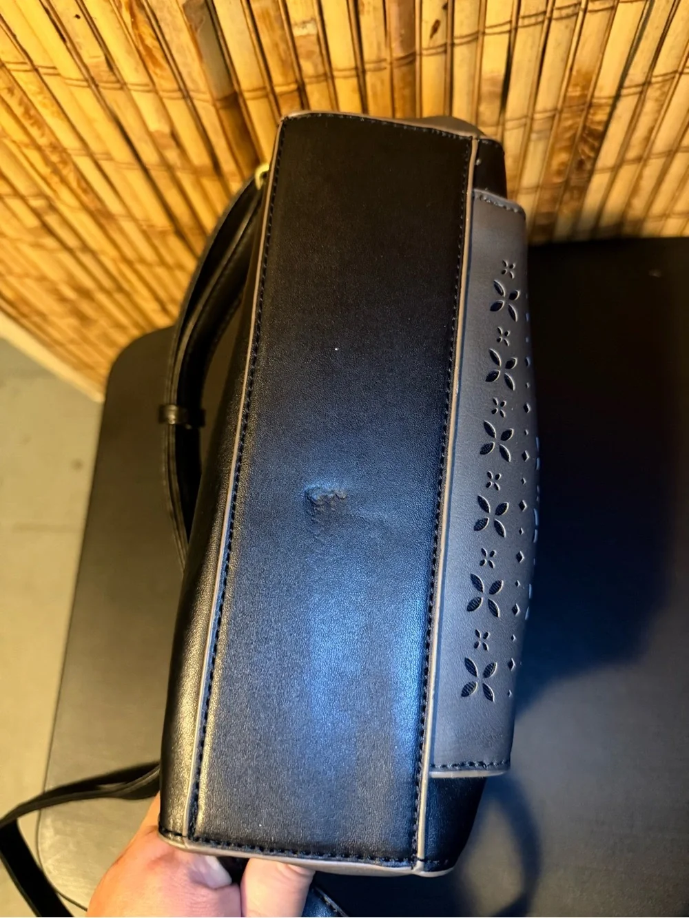 Majestic Black & Gray Perforated Backpack Handbag with Gold Handle